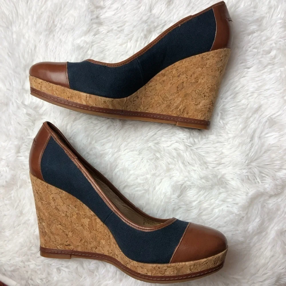 ANTONIO MELANI Blue/Brown/Cork Drew Wedge Sz 10